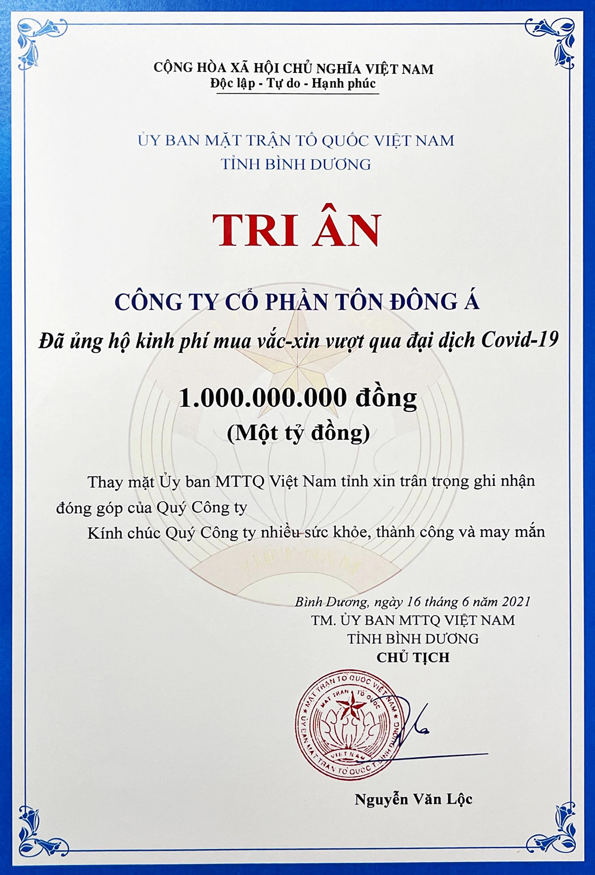 Thư cám ơn của UB MTTQ VN tỉnh Bình Dương ghi nhận tấm lòng của CBCNV Công ty Tôn Đông Á