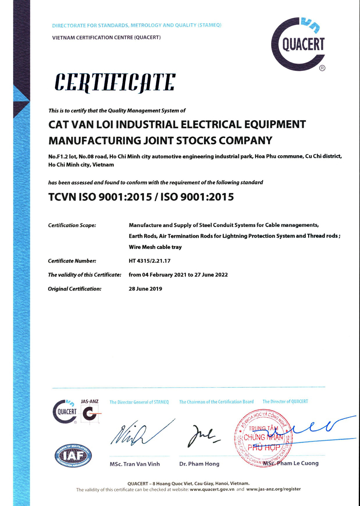 Nhà máy Cát Vạn Lợi đạt chất lượng ISO 9001: 2015