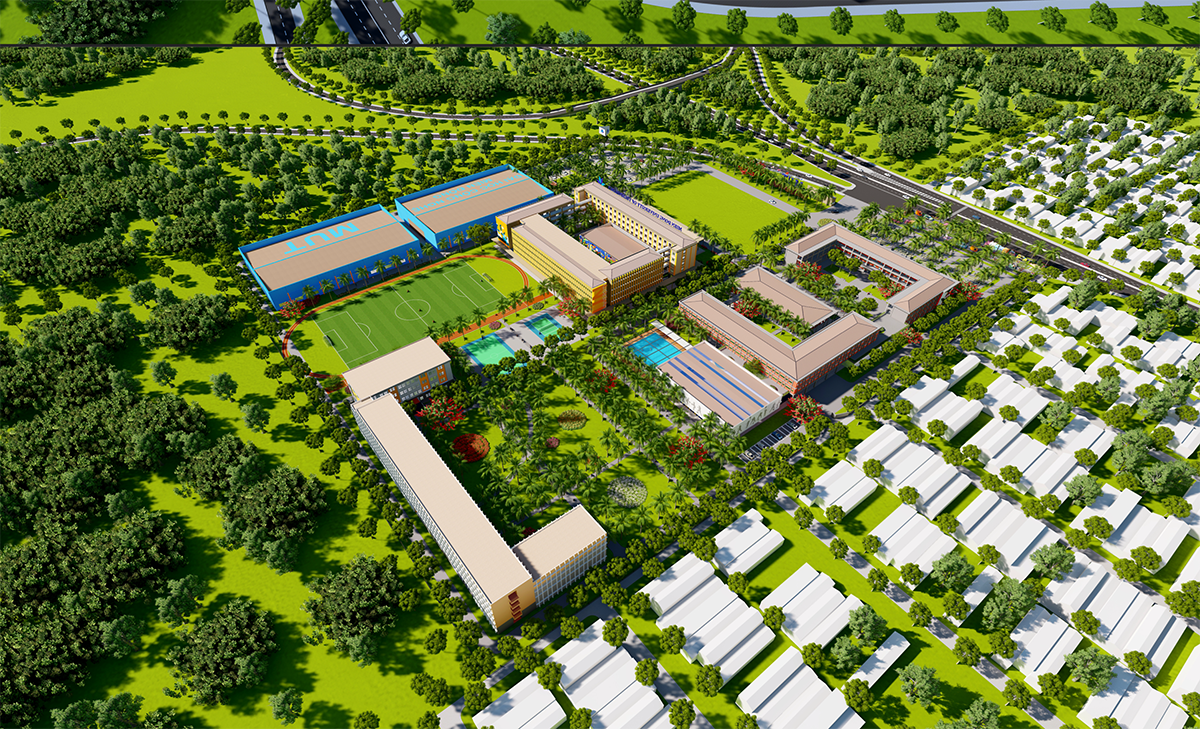 Phối cảnh tổng thể của cơ sở mới MUT từ trên cao tại huyện Thống Nhất, Đồng Nai hứa hẹn mang đến cho sinh viên không gian học tập hiện đại