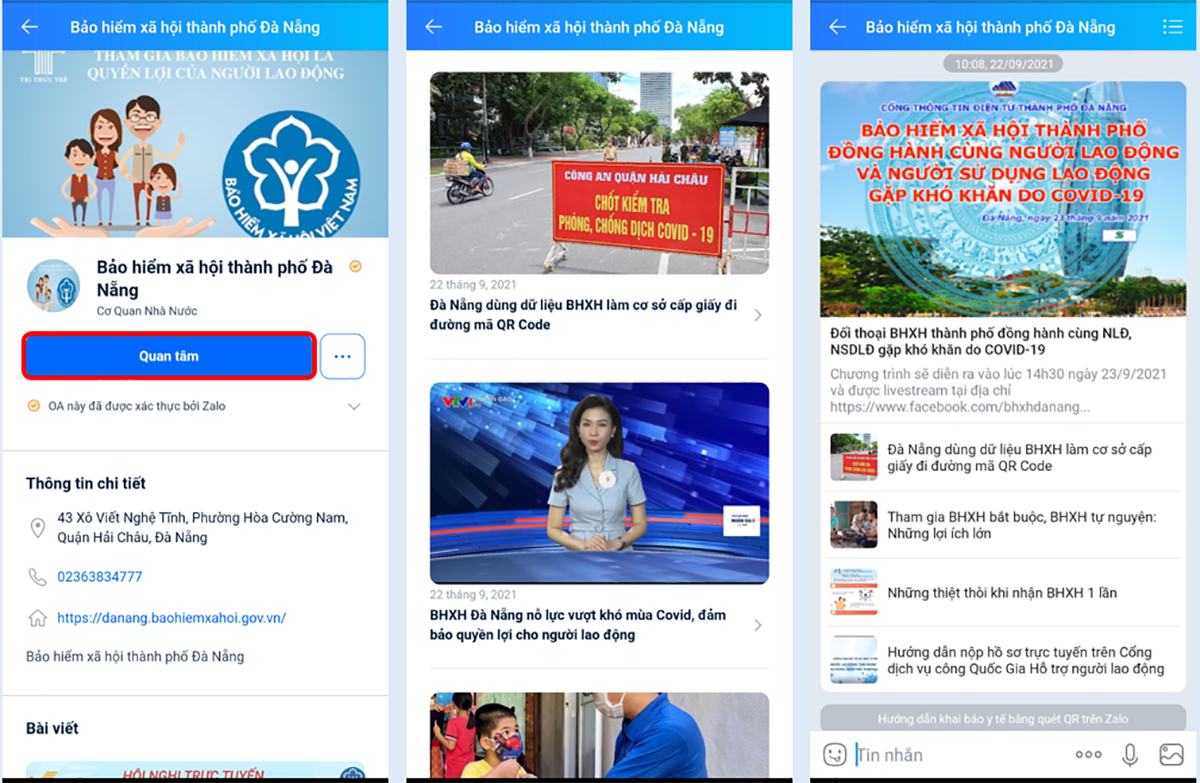 Người dùng Zalo quan tâm OA “Bảo hiểm xã hội thành phố Đà Nẵng” để nhận thông tin mỗi ngày. Ảnh chụp màn hình