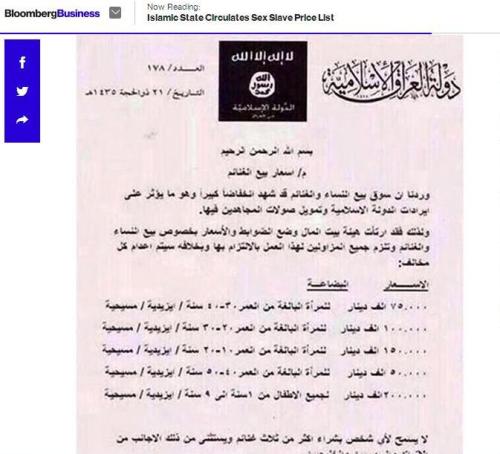 Bản giá rao bán nô lệ của IS - Ảnh chụp màn hình trang tin Bloomberg (Mỹ)