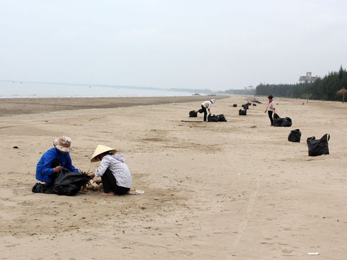 Các cơ sở kinh doanh du lịch ở Thanh Hóa phải thuê người thu gom rác thải trên bãi biển	- Ảnh: Ngọc Minh