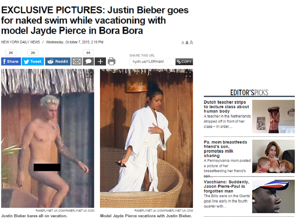 Nếu những bức ảnh này không được gỡ bỏ, Justin Bieber sẽ kiện tờ The New York Daily News. Ảnh chụp màn hình The New York Daily News