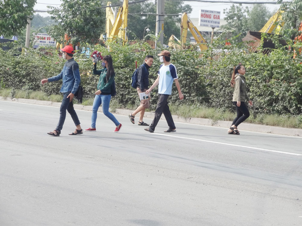 Sinh viên bước vội qua đường ở nơi có dải phân cách - Ảnh: Đình Mười