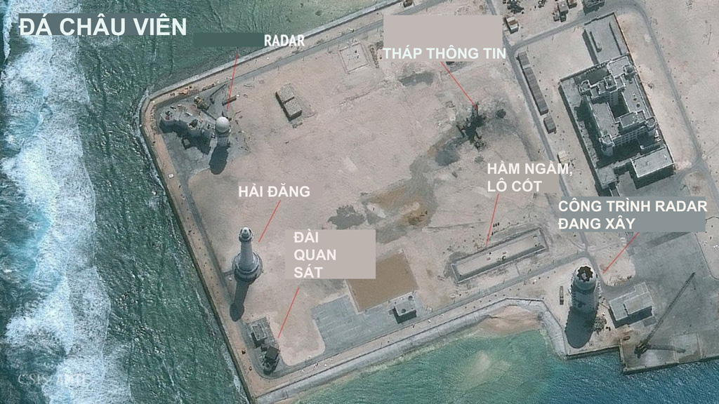 Còn đây là hình ảnh chụp từ vệ tinh cho thấy Trung Quốc lắp đặt hệ thống radar cực mạnh trên Đá Châu Viên (thuộc quần đảo Trường Sa của Việt Nam) - Ảnh: CSIS/Digital Globe