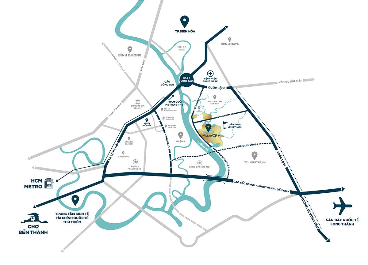 Dự án Aqua City mang lợi thế lớn về vị trí khi tọa lạc ngay tại tâm điểm kết nối giao thông liên vùng