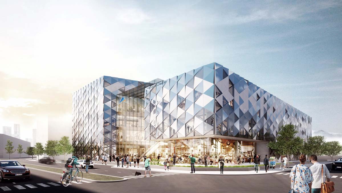 Aston Mall tạo ấn tượng thị giác với quan khách tham ngay từ bên ngoài với thiết kế sắc sảo, mạnh mẽ bằng các hình khối tam giác 3D tỏa sáng bao phủ bên ngoài tòa nhà