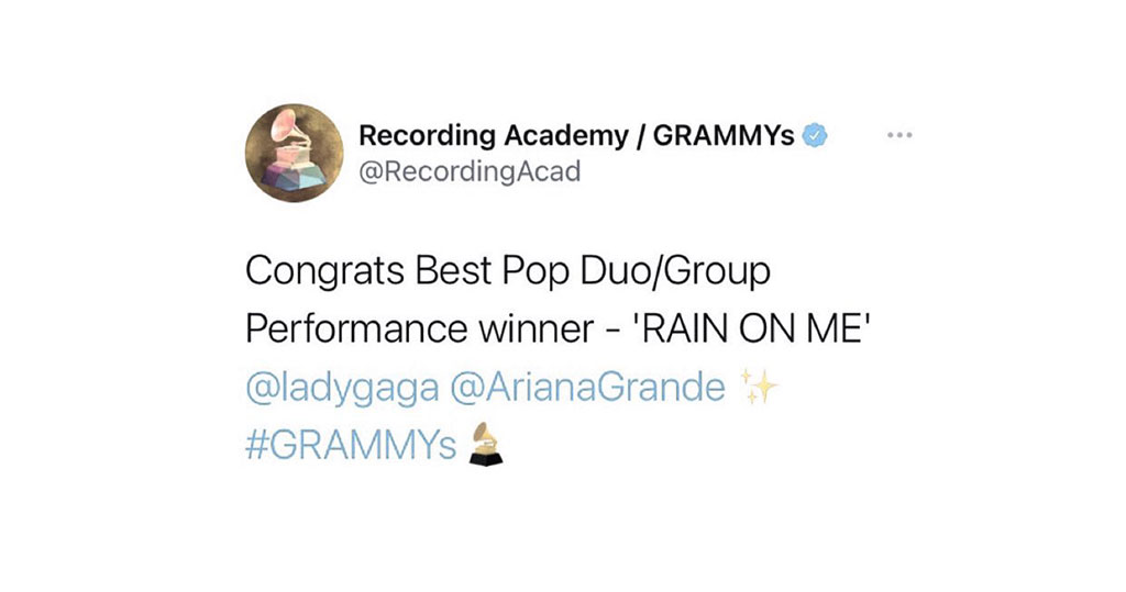 Tài khoản Twitter của Grammy đăng tải bài viết chúc mừng Lady Gaga và Ariana Grande. Ảnh: chụp màn hình 