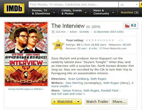 Phim “The Interview” đạt 10 điểm trên IMDb