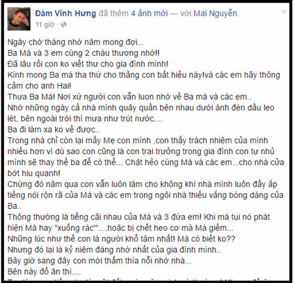 Mất điện thoại, Đàm Vĩnh Hưng vẫn bình thản viết thư gửi bố mẹ