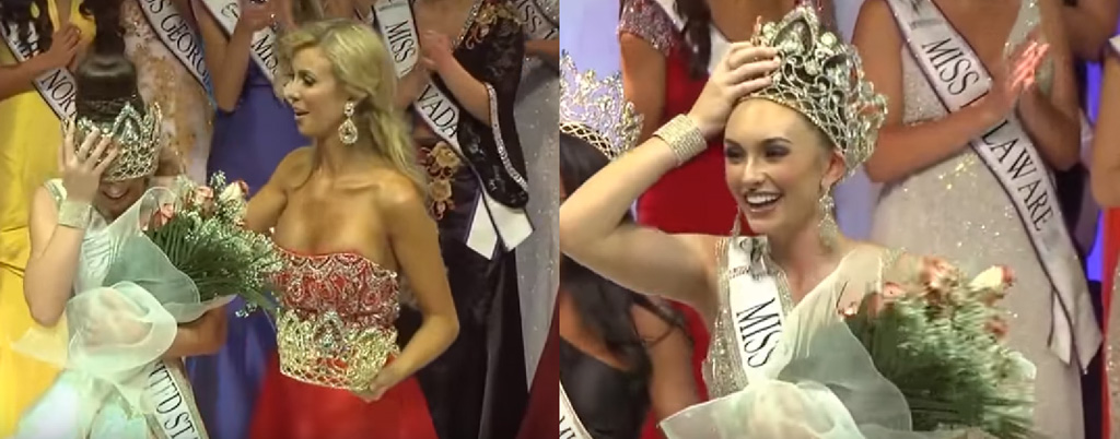 Hoa hậu Trái Đất Mỹ bị tuột dây áo trong khoảnh khắc đăng quang 1
