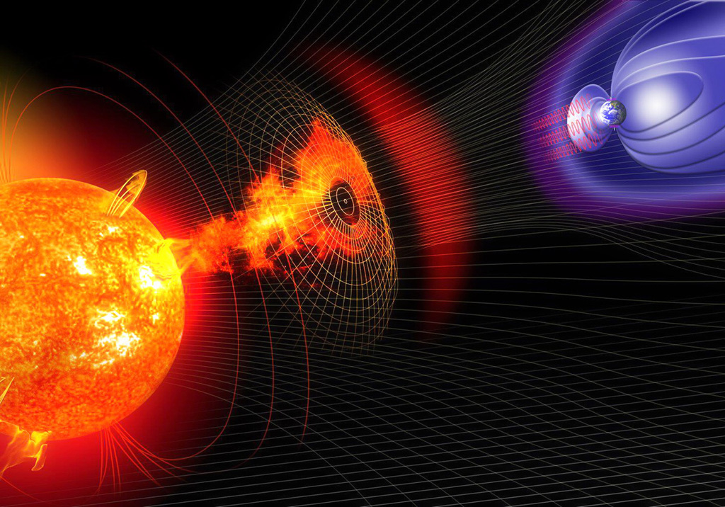Hình mô phỏng ảnh hưởng của bão mặt trời lên trái đất Ảnh: NASA
