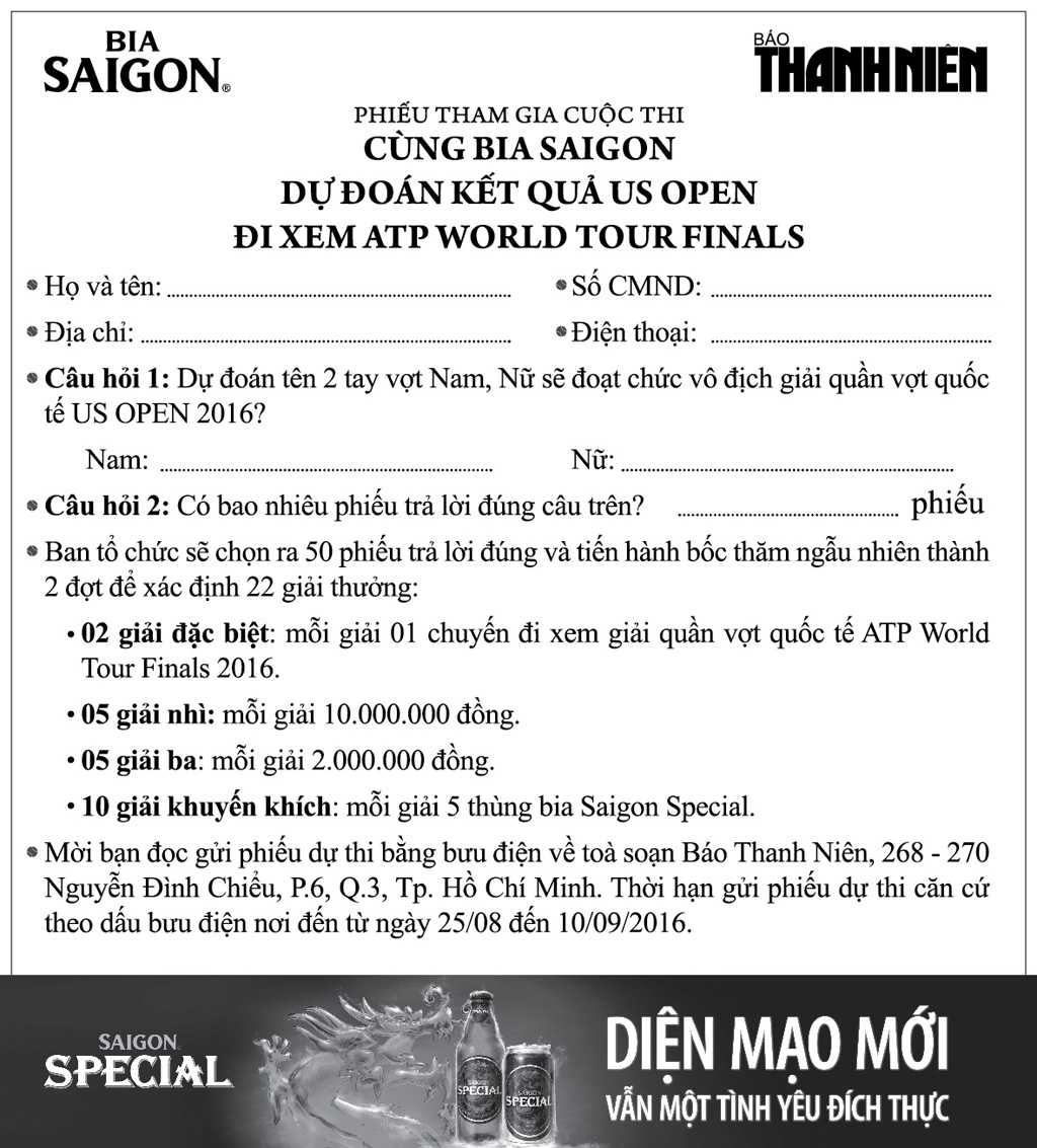 300 triệu đồng giải thưởng “Cùng Bia Sài Gòn dự đoán kết quả US Open đi xem World Tour Finals ”