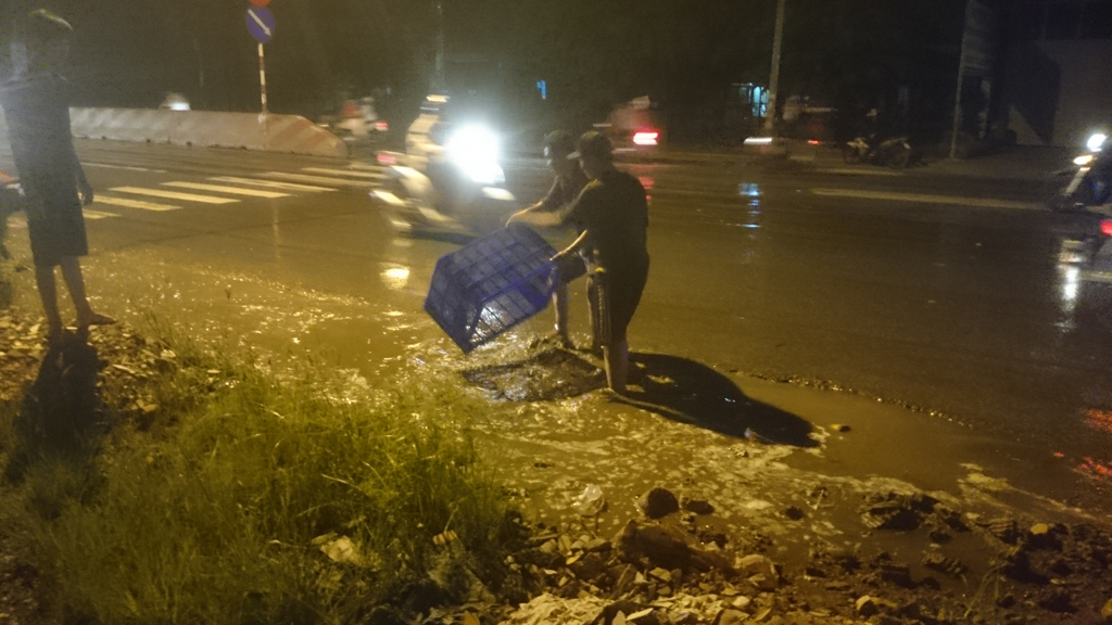 Dân ven lộ phụ tài xế gom cá bị đổ xuống đường2
