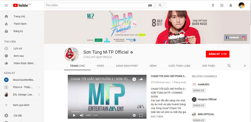 Sơn Tùng M-TP là nghệ sĩ sở hữu kênh Youtube hot nhất Việt Nam 2