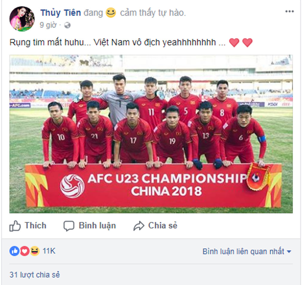 Ca sĨ Thủy Tiên hào hứng vì đội U.23 Việt Nam 1