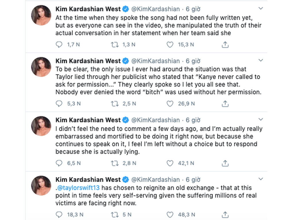 Kim Kardashian đáp trả gay gắt sau khi đoạn ghi âm không chỉnh sửa giữa Kanye West và Taylor Swift bị lộ1
