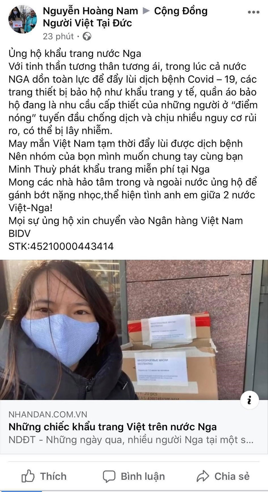 Cô gái Việt phát khẩu trang miễn phí ở Nga: Bức xúc tài khoản mạo danh kêu gọi quyên tiền2
