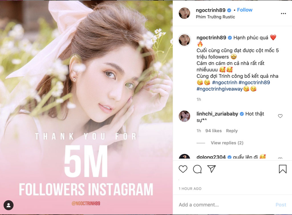 Ngọc Trinh đạt 5 triệu follow trên Instagram, tặng ngay tiền mặt cho fan1