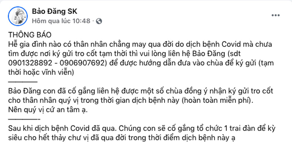 Nhận ‘ký gửi’ tro cốt miễn phí cho thân nhân trong dịch Covid-19 ở TP.HCM1