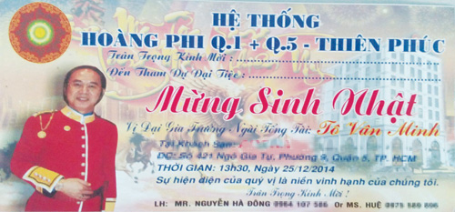 Vé mời cơ sở Hoàng Phi (Q.1) phát cho khách hàng tham dự sinh nhật Tổng tài Công ty Thiên Ngọc Minh Uy chiều qua 