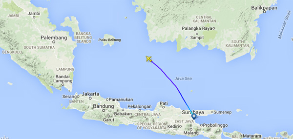 Vị trí sau cùng của máy bay QZ8501 của AirAsia lúc 7 giờ 24 sáng 28.12.2014 