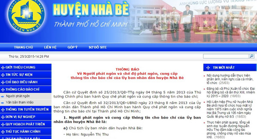 Website của UBND H.Nhà Bè vẫn để bà Nguyễn Thị Thu là người phát ngôn