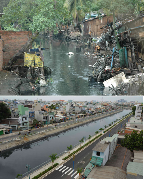 Tuyến kênh Tân Hóa - Lò Gốm trước (trên) và sau khi cải tạo