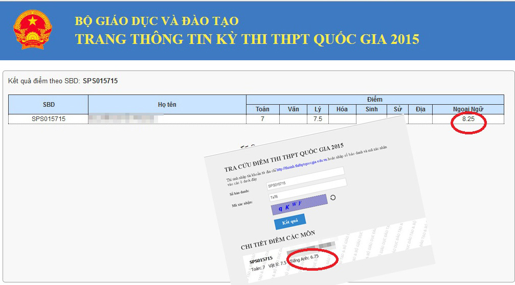 Kết quả thi của thí sinh N.K.P tra cứu tại website Trường ĐH Cần Thơ ngày 30.7 và ngày 31.7 sai lệch điểm ngoại ngữ