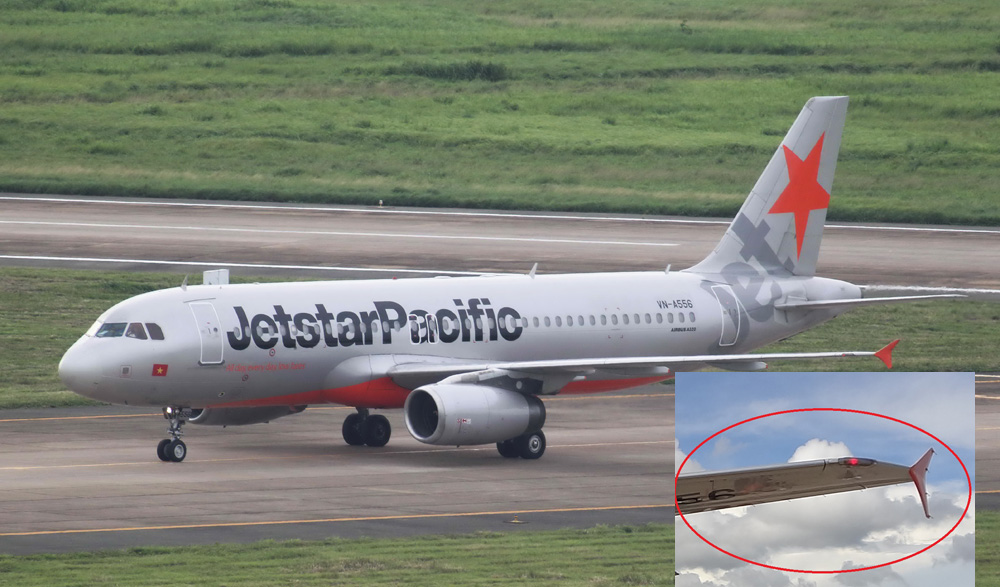 Loại máy bay Airbus A320 của Jetstar Pacific và phần đuôi chóp cánh của máy bay bị móp sau sự cố (ảnh nhỏ) 