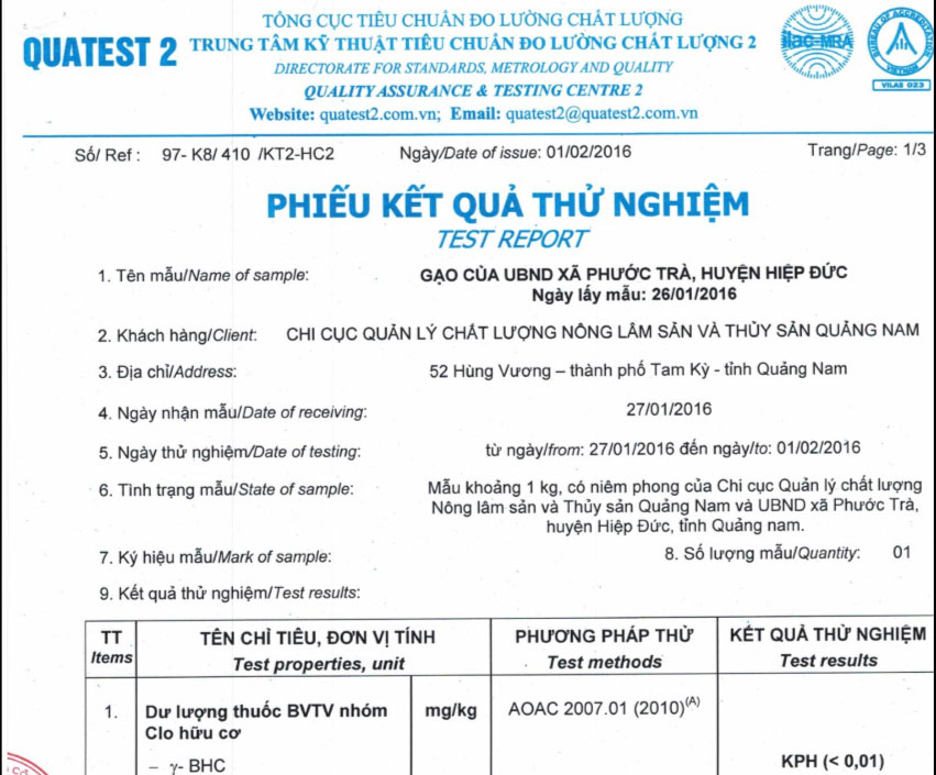 Kết quả xét nghiệm do Trung tâm Kỹ thuật tiêu chuẩn đo lường chất lượng 2 thực hiện.