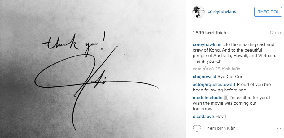 Nam diễn viên Corey Hawkins gửi lời cảm ơn tới người dân Úc, Mỹ và Việt Nam đã giúp đỡ đoàn phim nhiệt tình - Ảnh: Instagram Corey Hawkins
