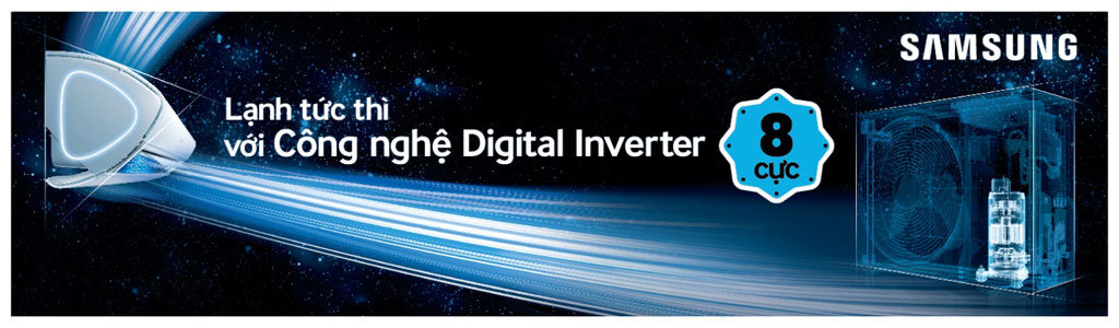 Công nghệ Digital Inverter máy nén 8 cực giúp tiết kiệm tối đa lên đến 68%, đồng thời làm mát cũng nhanh hơn 43%.