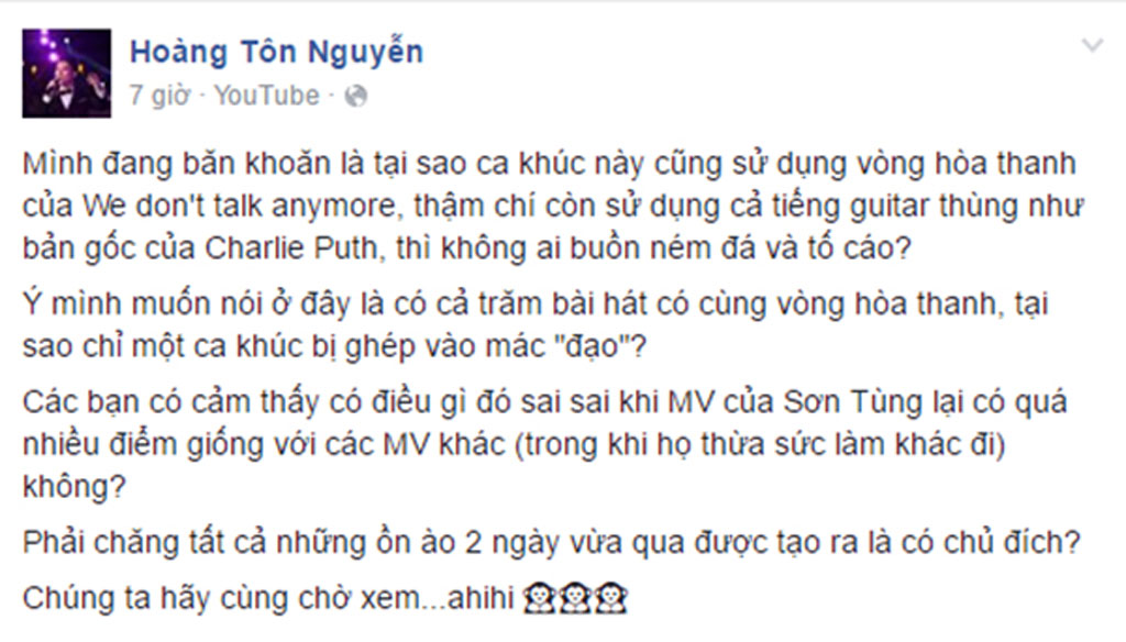 Hoàng Tôn nghi ngờ Sơn Tùng M-TP cố tình tạo ra những ồn ào - Ảnh chụp màn hình