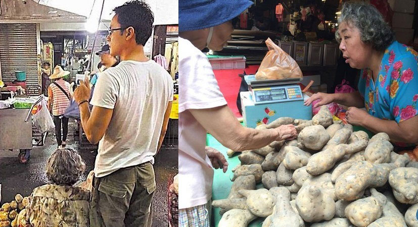 Hình ảnh anh giúp mẹ che ô khi bán khoai tây và gian hàng của mẹ anh khi được phóng viên phỏng vấn - Ảnh: Chụp màn hình Sina