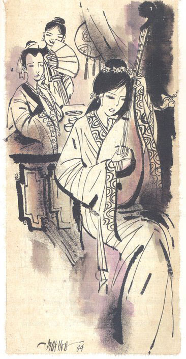 Kiều đánh đàn giúp vui cho Thúc Sinh và Hoạn Thư (tranh của Mai Hoa)