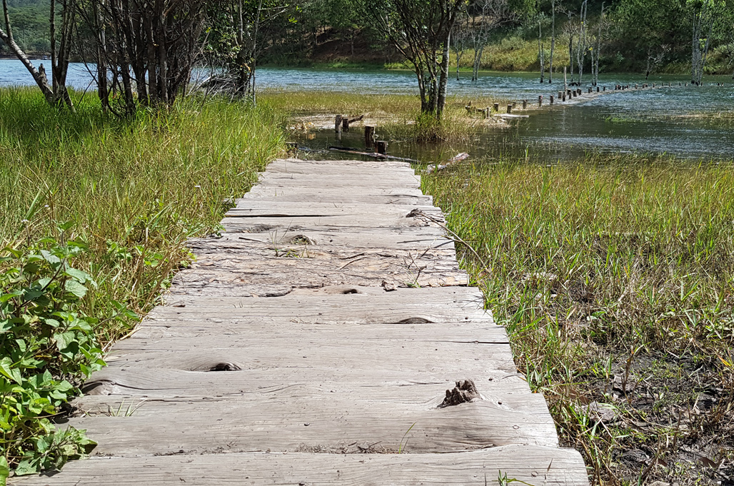 Cầu gỗ bắc ra hồ Tuyền Lâm của phim trường Secret Garden trong di tích quốc gia (ảnh chụp ngày 16.1) Ảnh: Gia Bình