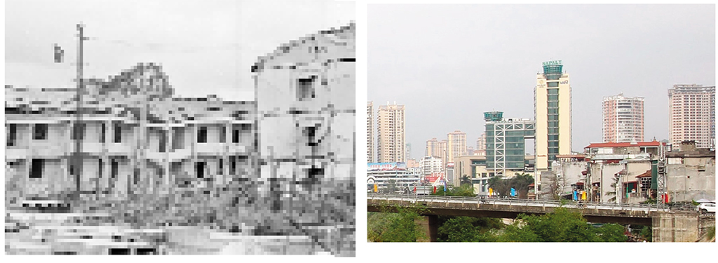TX.Lào Cai bị quân Trung Quốc đánh phá (trái) và nay đã được nâng cấp trở thành TP.Lào Cai Ảnh: Tư liệu TTXVN