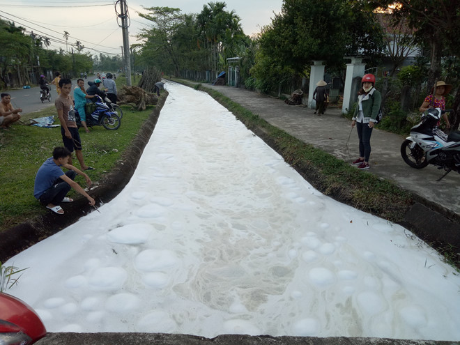 tình trạng xuất hiện bọt trắng kéo dài khoảng 15 phút tại kênh N10A đoạn chảy qua địa bàn xã Tam Phúc, H.Phú Ninh, tỉnh Quảng Nam khiến cá chết