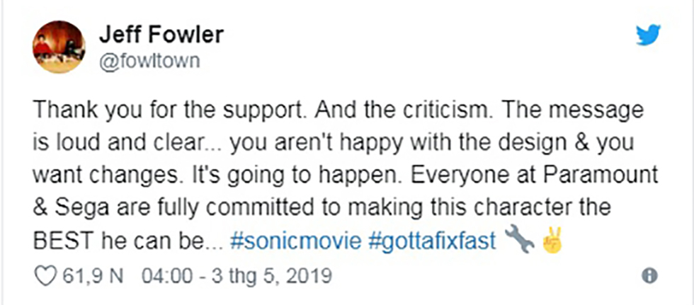 Đạo diễn Jeff Fowler đã đưa ra phản hồi của mình trước những ý kiến trái chiều. ảnh: chụp màn hình Twitte