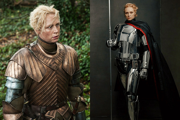 Gwendoline Christie trong Trò chơi vương quyền (trái) và trong Star Wars 8. Ảnh: HBO/Walt Disney
