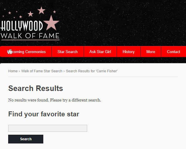  Kết quả tìm kiếm tên Carrie Fisher trên trang web của Đại lộ Danh vọng. Ảnh: Chụp màn hình máy tính
