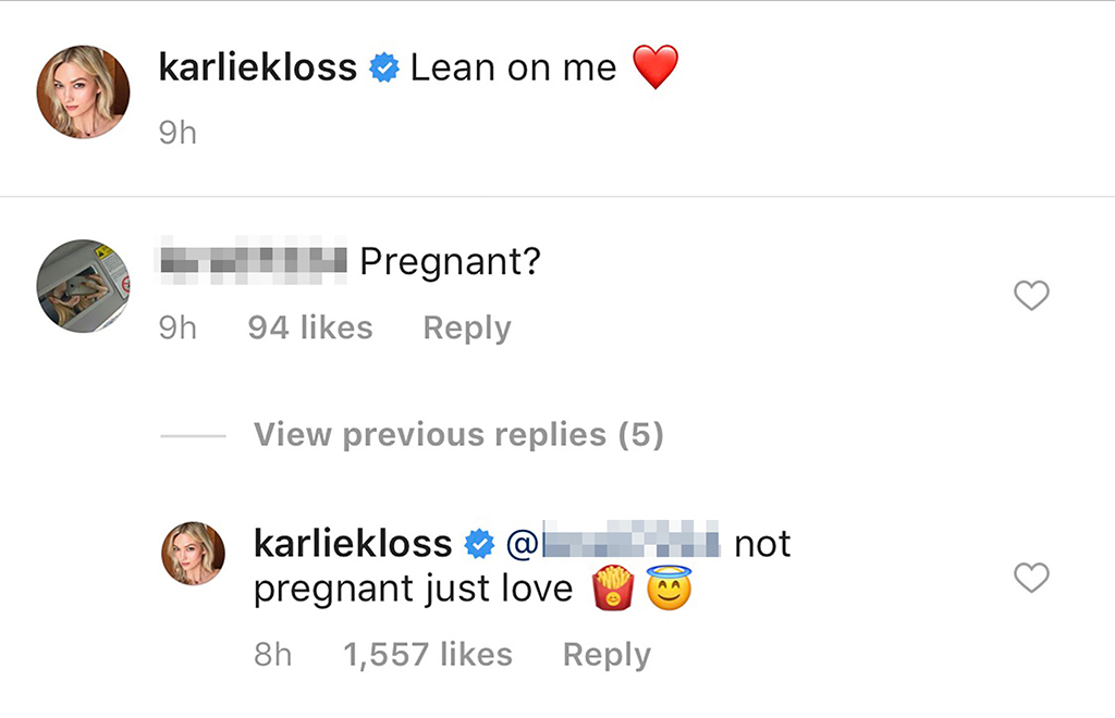 Bình luận của Karlie Kloss dập tan tin đồn mang thai. Ảnh: Instagram nhân vật