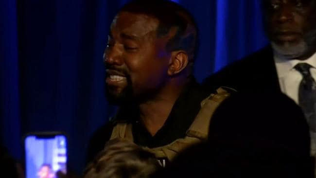 Kanye West khóc trong buổi diễn thuyết. Ảnh: Supplied
