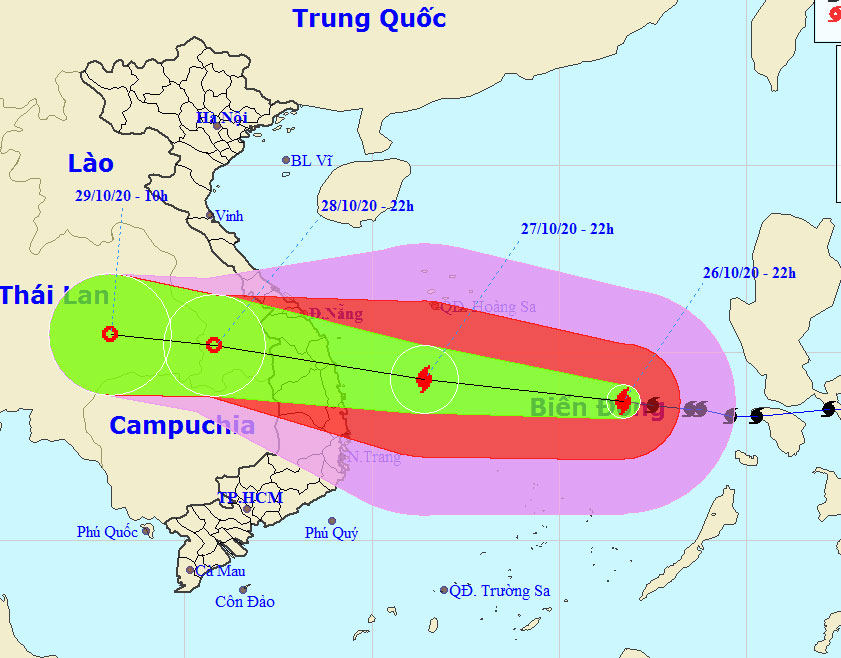 Đường đi bão số 9, lúc 23 giờ ngày 26.10 Nguồn: Trung tâm Dự báo khí tượng thủy văn quốc gia