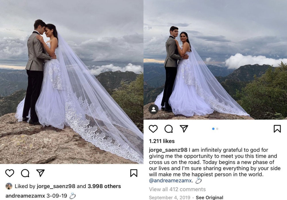 Cả Andrea Meza lẫn Jorge Saenz đều đăng tải hình ảnh giống nhau lên Instagram vào tháng 9.2019. Ảnh: chụp màn hình
