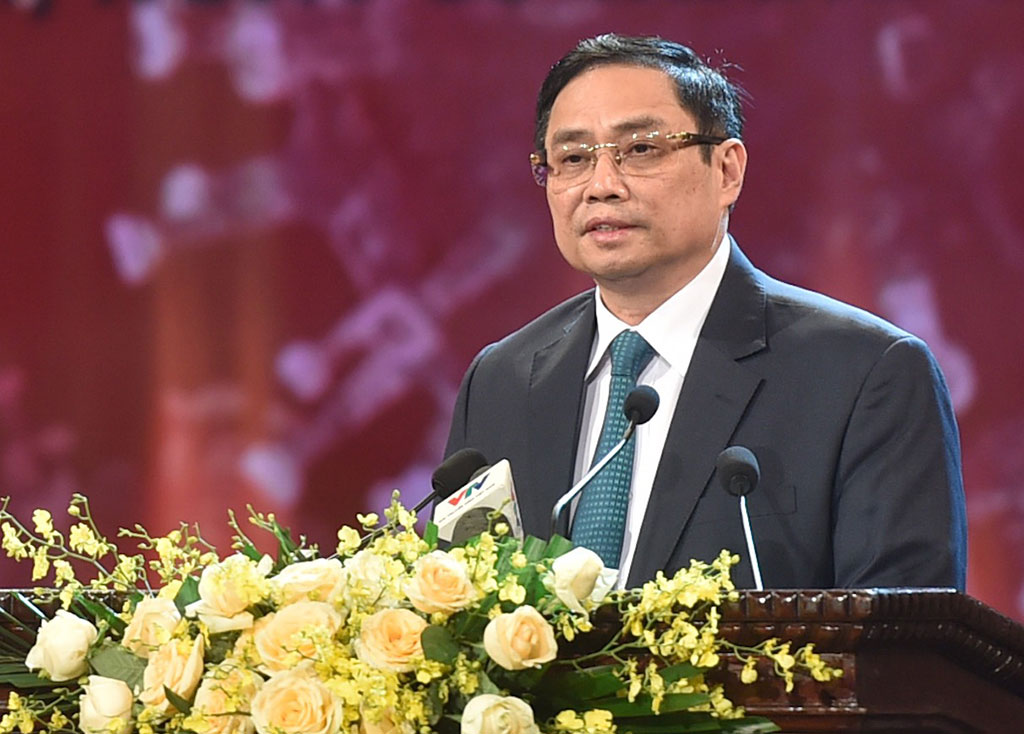 Thủ tướng Phạm Minh Chính phát biểu tại buổi lễ ra mắt Quỹ vắc xin phòng, chống Covid-19 Ảnh: NHẬT BẮC