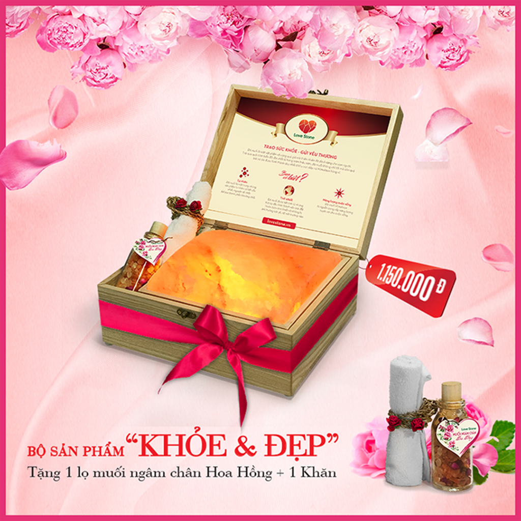 Bộ sản phẩm “Khỏe & đẹp”: Khi mua 1 hộp đá muối massage chân Love Stone Deluxe, quý khách hàng sẽ được tặng 1 khăn + 1 chai muối ngâm chân hoa hồng (200g)