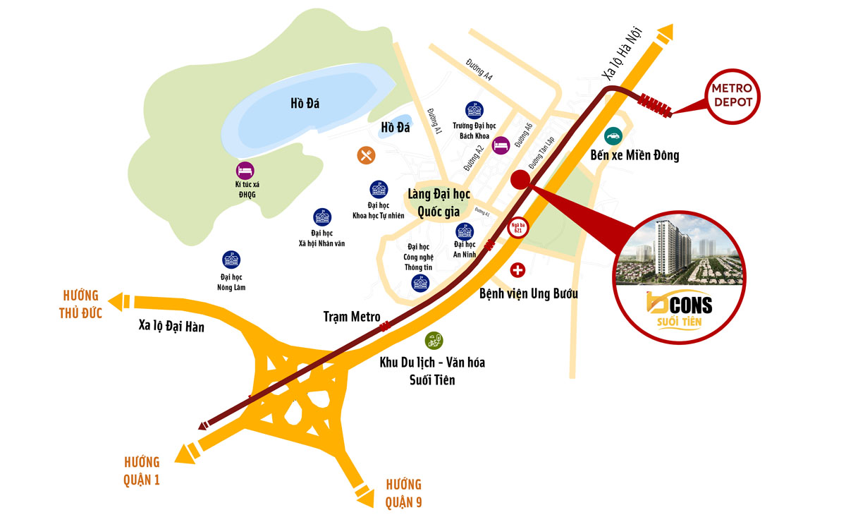 Khu căn hộ nằm cạnh ngay trạm metro Suối Tiên và gần Xa lộ Hà Nội, cùng các tiện ích hạ tầng trọng điểm của TP.HCM