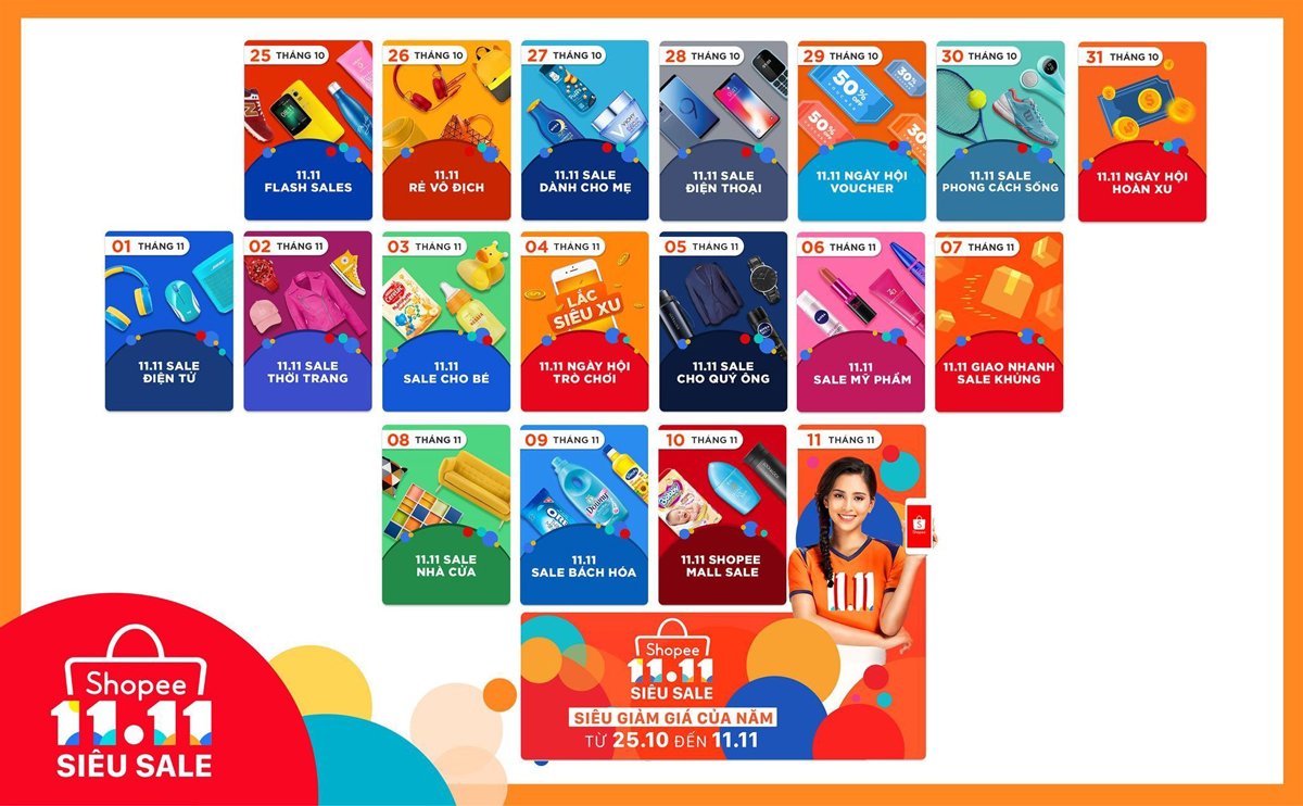 Shopee ngày Siêu Mua Sắm 11.11 năm nay giúp người dùng có đến 3 tuần cùng Shopee săn những ưu đãi hấp dẫn trong những Ngày siêu chủ đề không thể bỏ lỡ